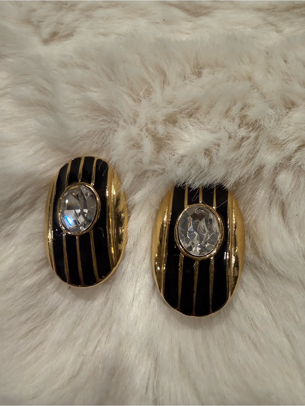 Gold and Black Oval Crystal Clip-On Earrings